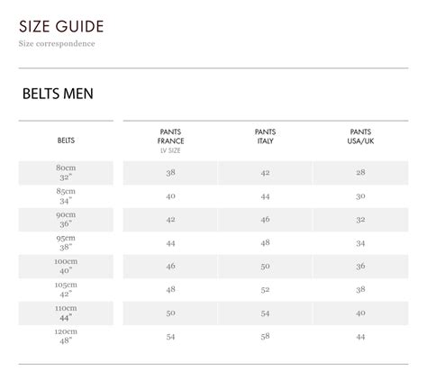 louis vuitton belt sizes chart